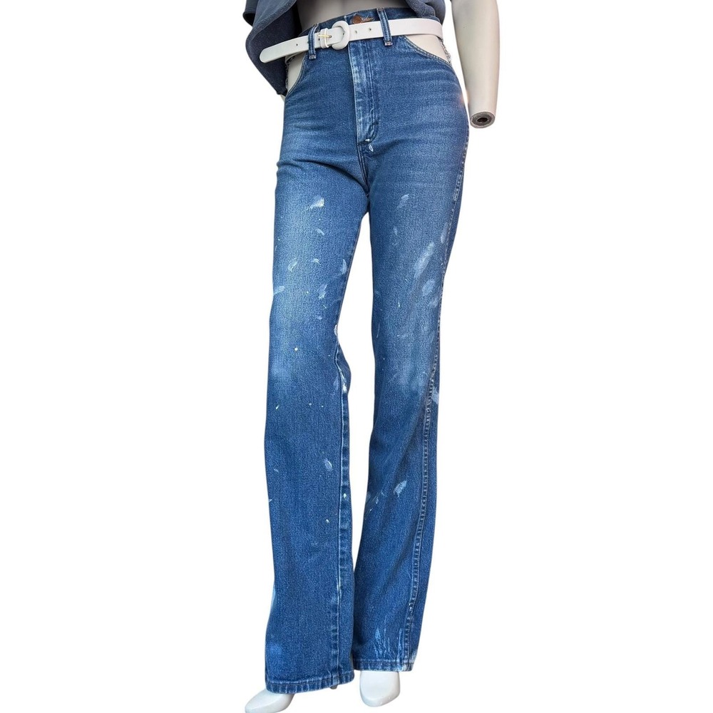 Wrangler Cowboy Cut Distressed Paint Splatter Jeans Blue Western Grunge 29x36